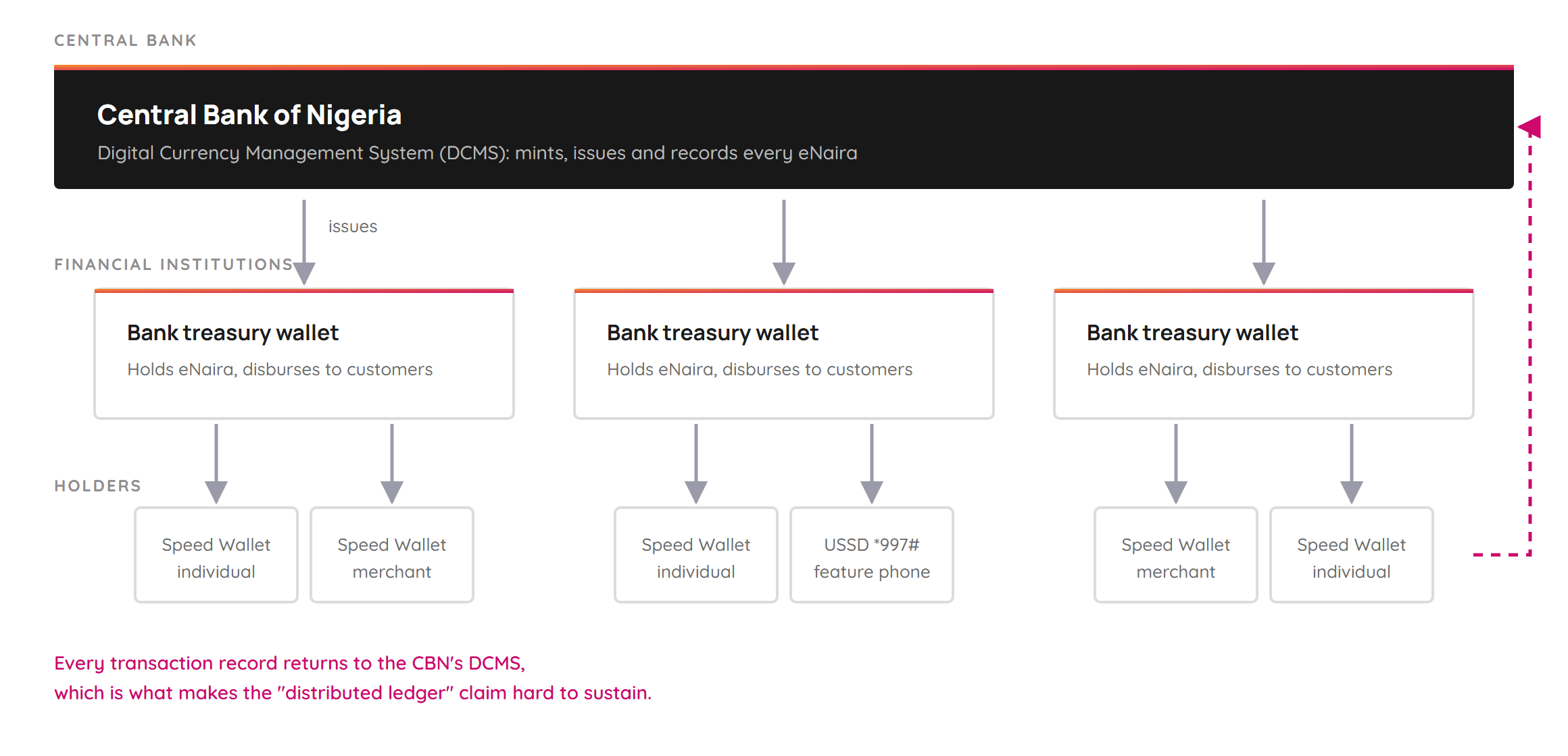 The CBN's Digital Currency Management System issues eNaira to bank treasury wallets, which disburse to individual, merchant and USSD wallets, with every transaction record returning to the CBN.